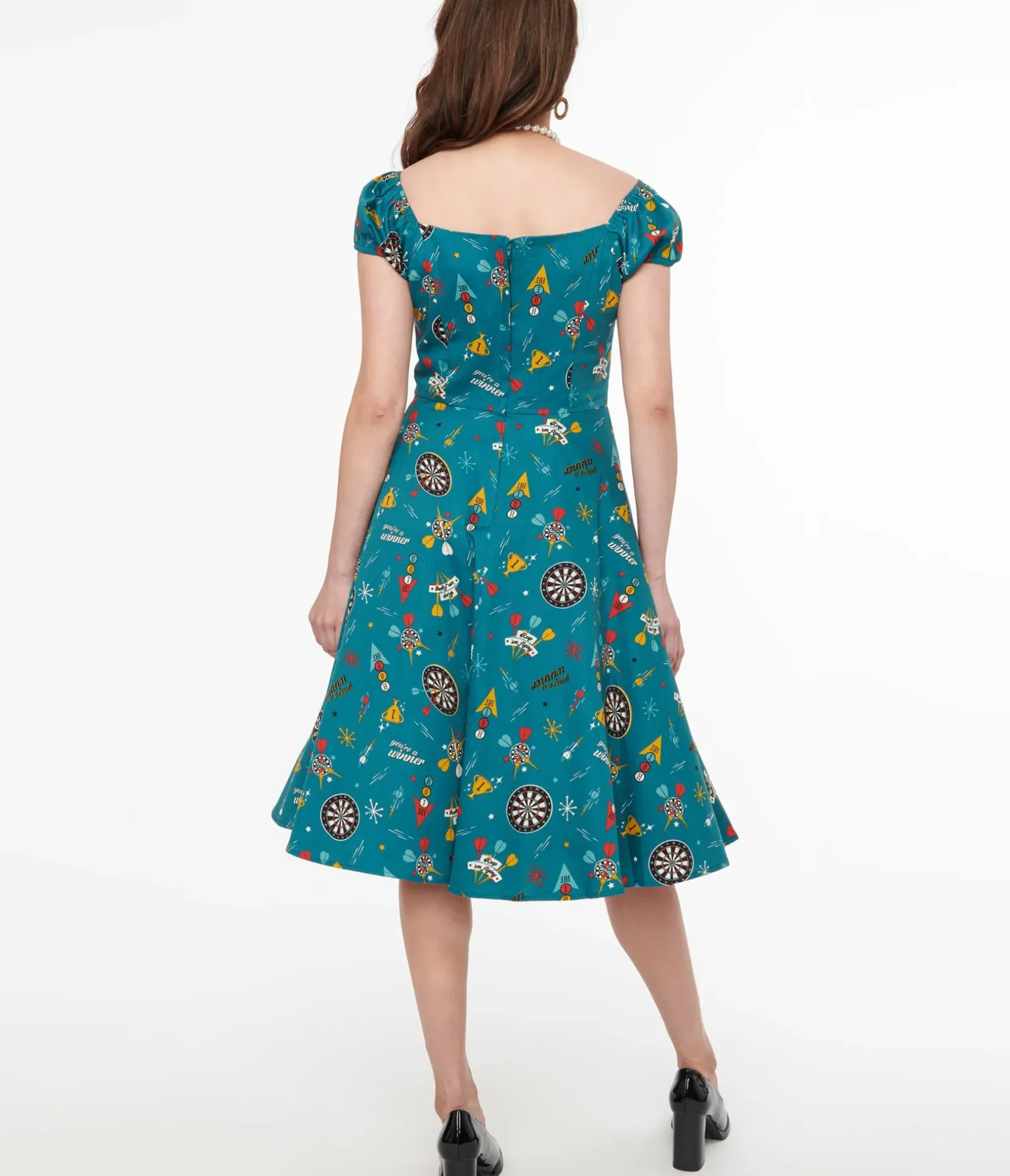 Unique Vintage Swing|Pocket Dresses>1950s Teal Dart Board Keep Em Flying Cotton Swing Dress