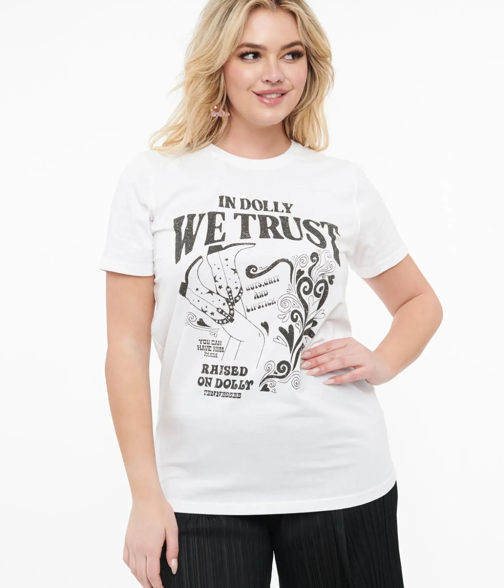 Unique Vintage Graphic Tees|Summer Vacation>1970s White & Black In Dolly We Trust Fitted Graphic Tee