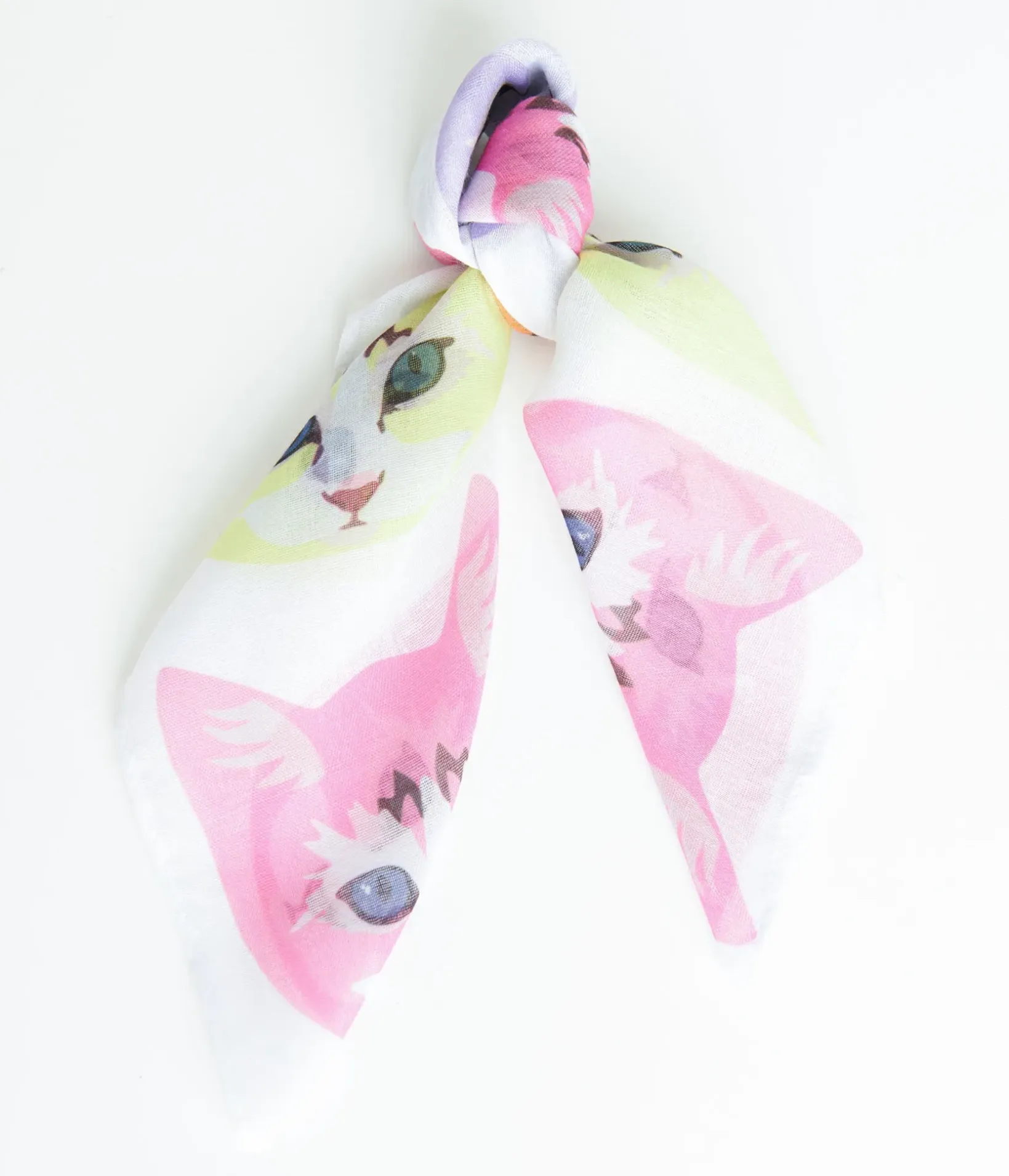 Unique Vintage Hair Scarves>1970s White Cool Cat Print Hair Scarf