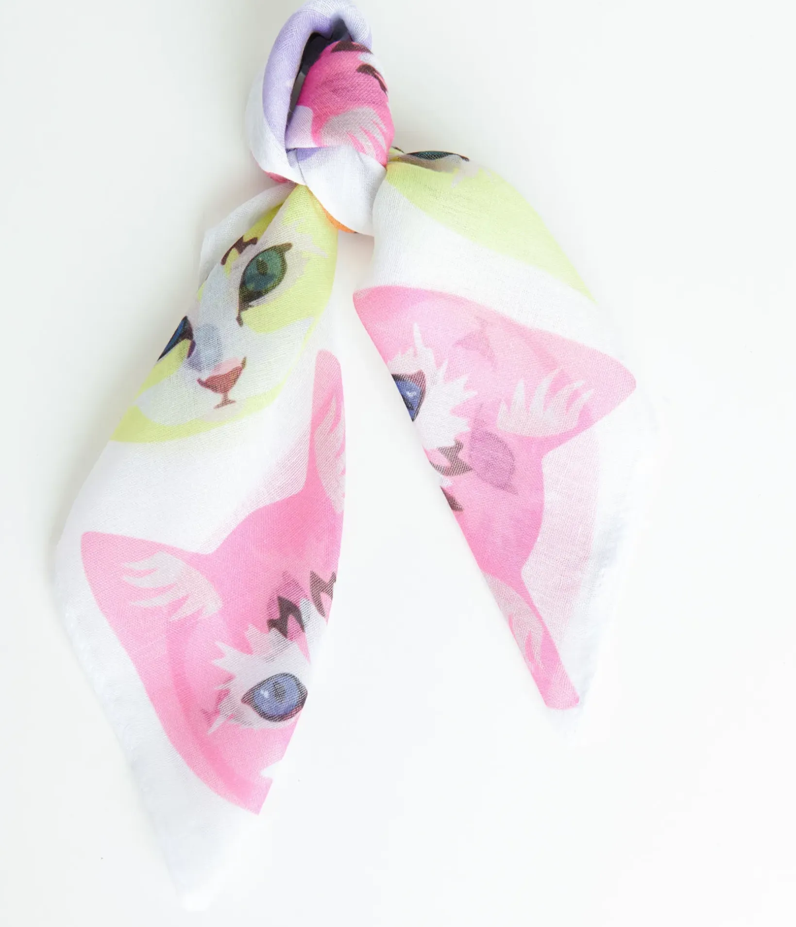 Unique Vintage Hair Scarves>1970s White Cool Cat Print Hair Scarf