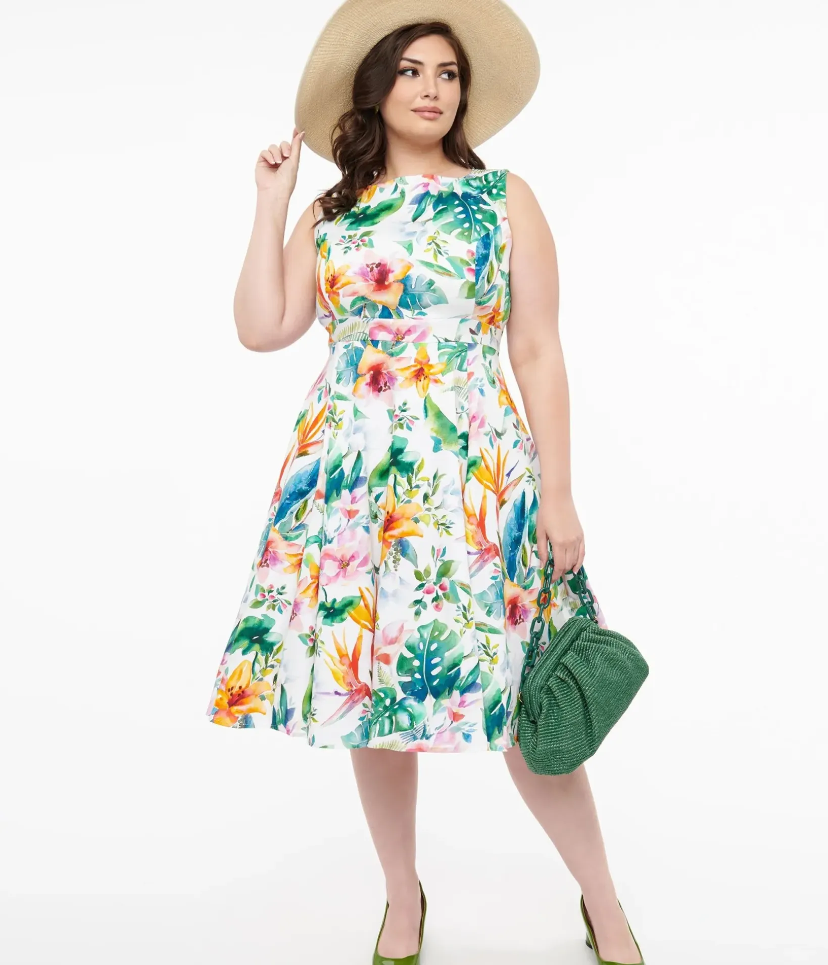 Unique Vintage Swing|Pocket Dresses>1950s White & Orange Floral Cotton Vera Swing Dress