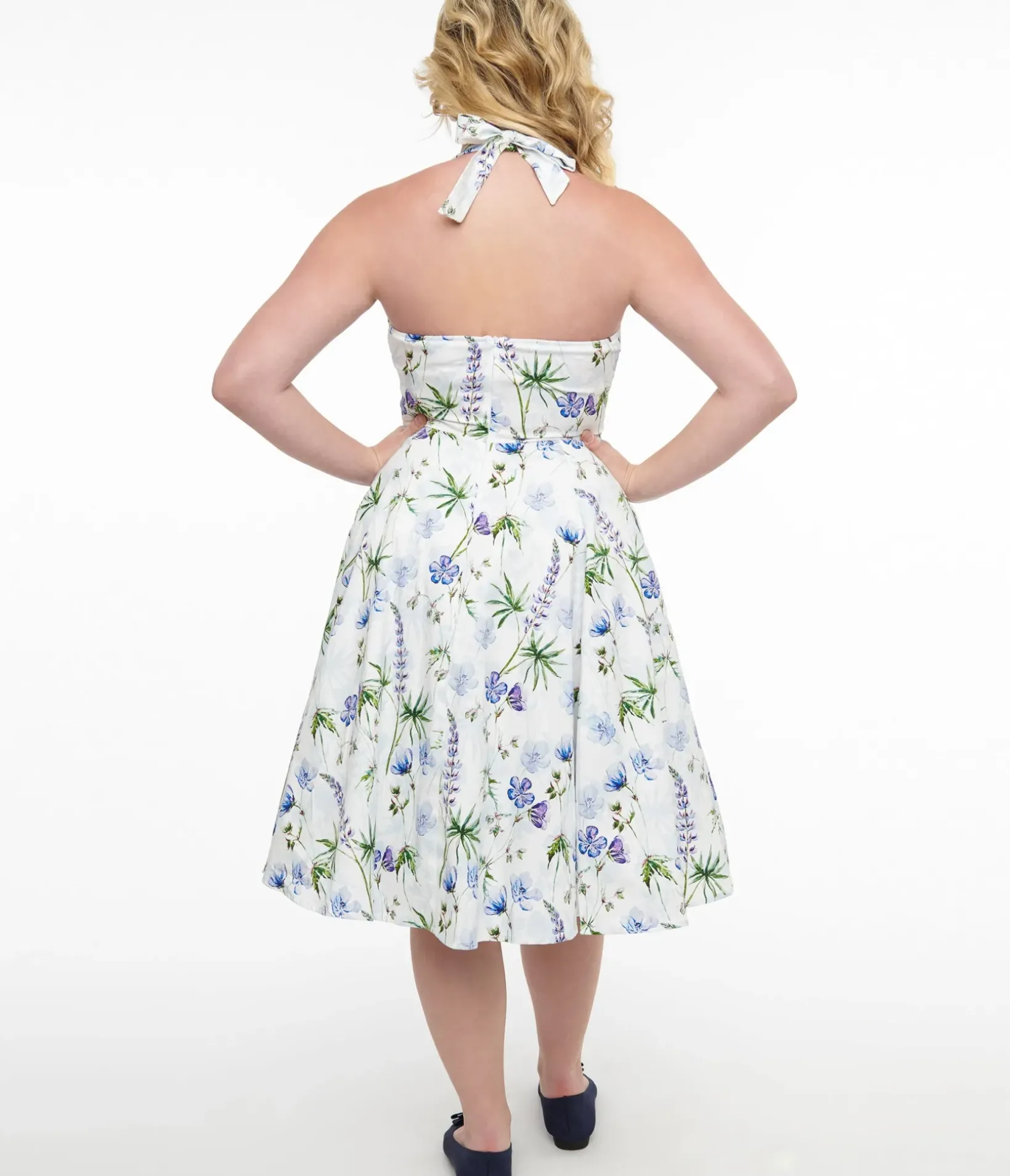 Unique Vintage Swing|Pocket Dresses>1950s White & Purple Floral Cotton Halter Swing Dress