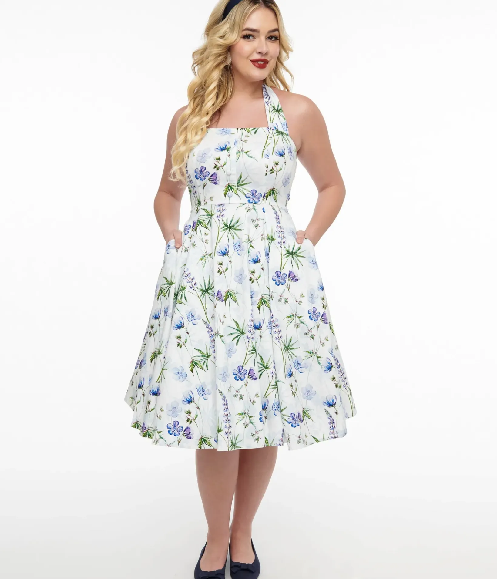 Unique Vintage Swing|Pocket Dresses>1950s White & Purple Floral Cotton Halter Swing Dress