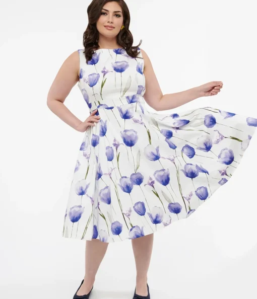Unique Vintage Swing|Pocket Dresses>1950s White & Purple Tulip Cotton Swing Dress