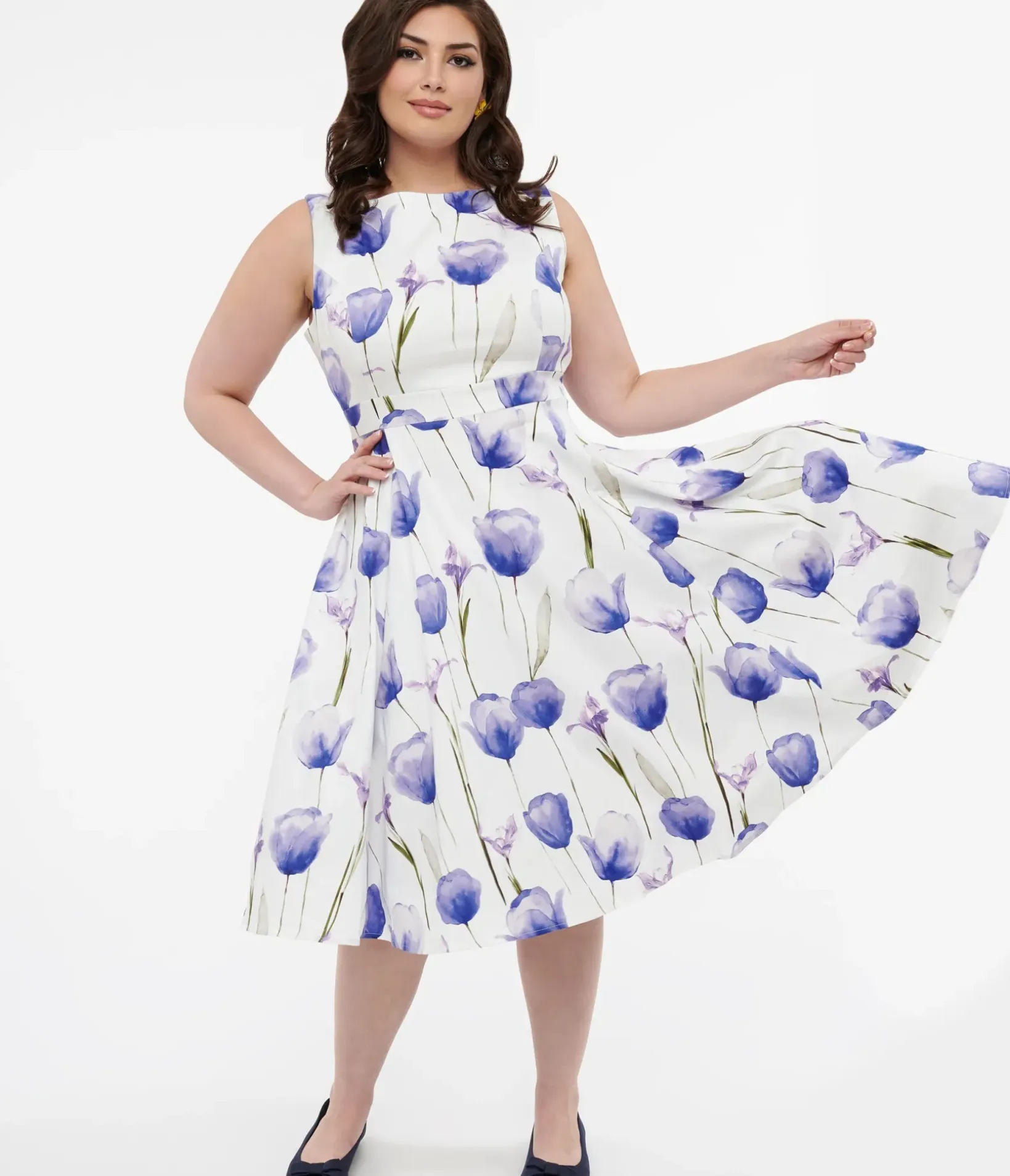 Unique Vintage Swing|Pocket Dresses>1950s White & Purple Tulip Cotton Swing Dress