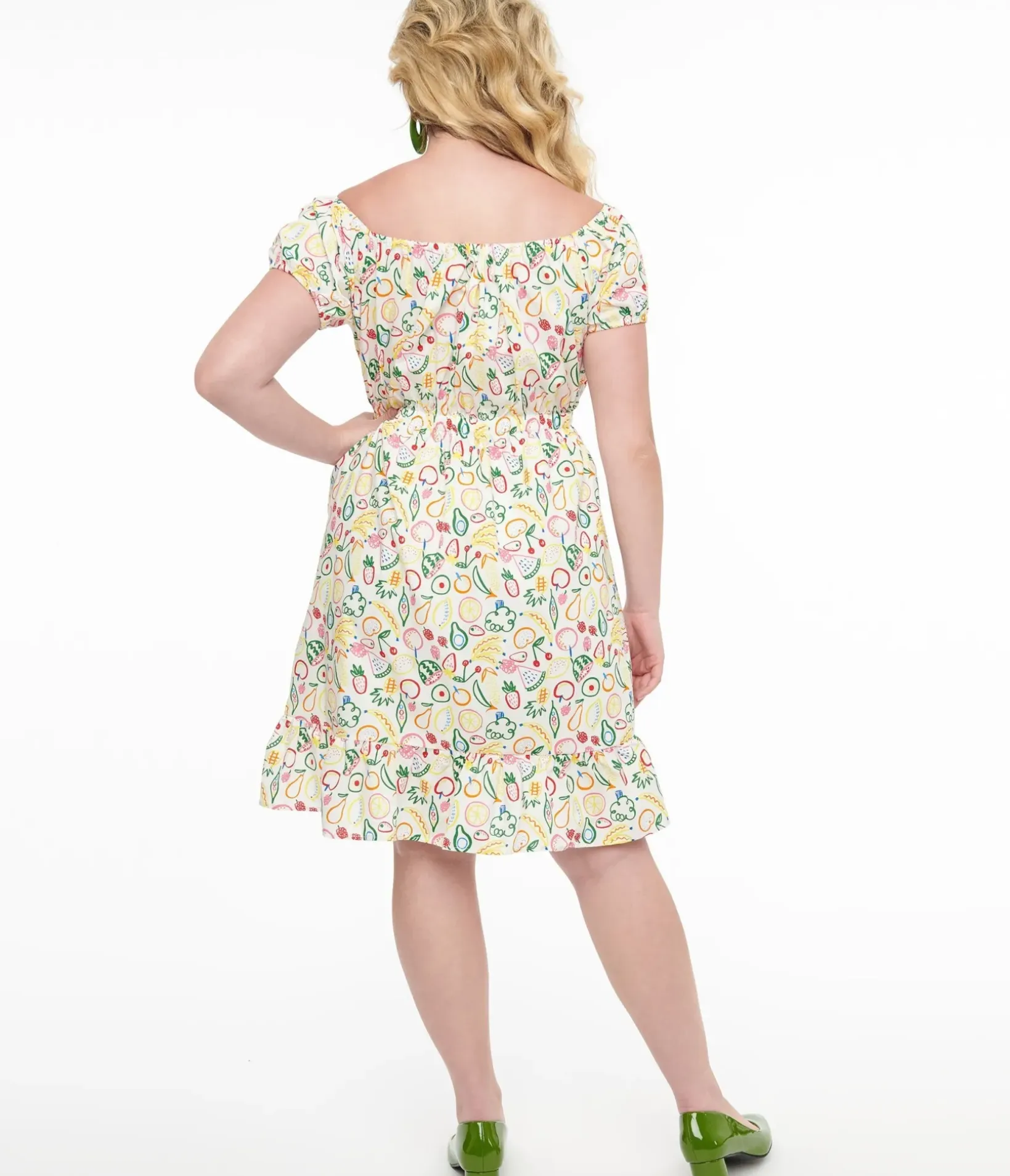 Unique Vintage Fit & Flare|Pocket Dresses>1950s White & Rainbow Fruit Print Fit & Flare Dress
