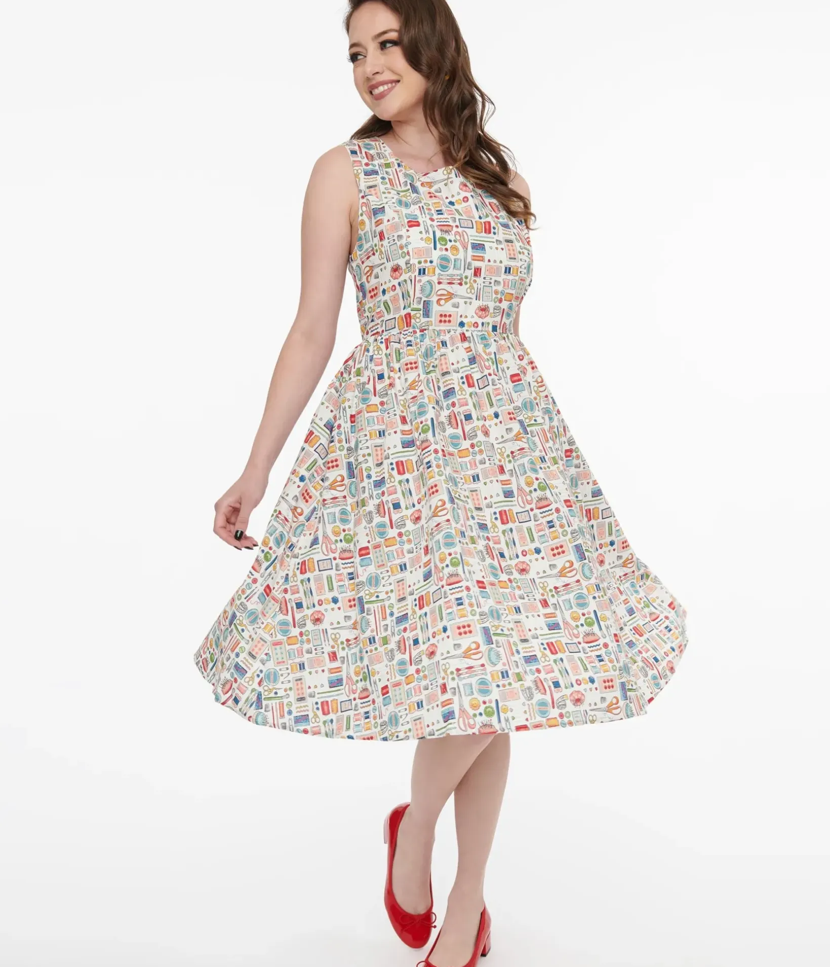 Unique Vintage Swing|Pocket Dresses>1950s White Sewing Print Cotton Swing Dress