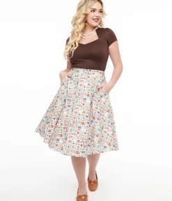 Unique Vintage Skirts>1950s White Sewing Print Cotton Swing Skirt