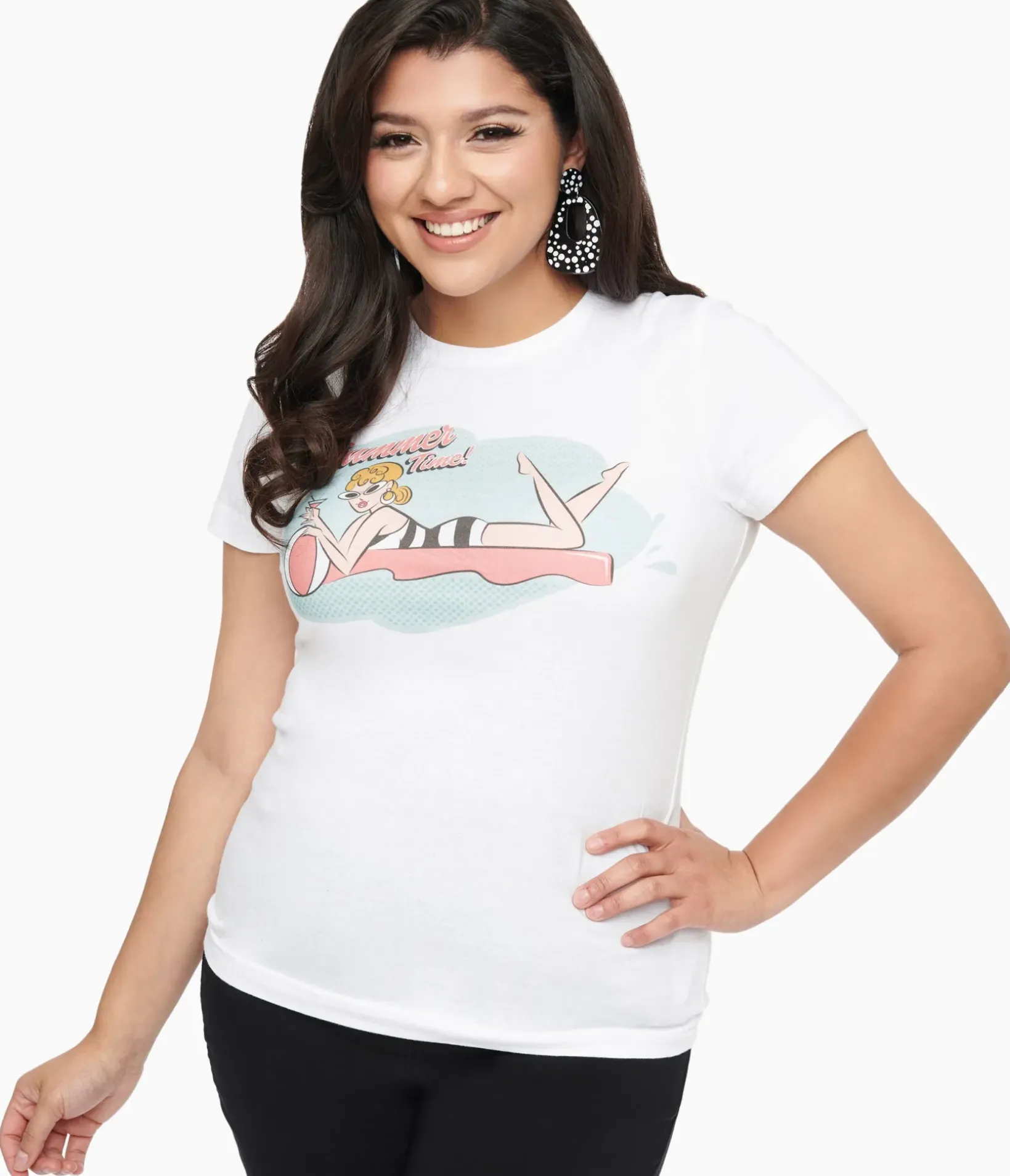 Unique Vintage Graphic Tees|Graphic Tees>1950s White Summer Time Fitted Graphic Tee