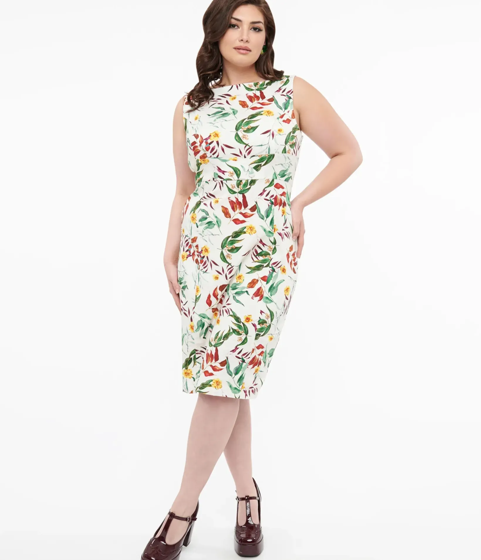 Unique Vintage Pencil|Pencil>1950s White & Tropical Floral Cotton Jewel Wiggle Dress