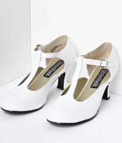 Unique Vintage Special Occasion|Heels>1920s White T-Strap Mary Jane Kitten Heels