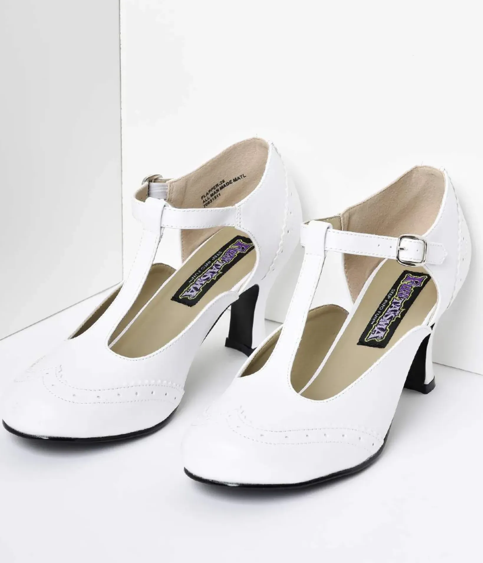 Unique Vintage Special Occasion|Heels>1920s White T-Strap Mary Jane Kitten Heels