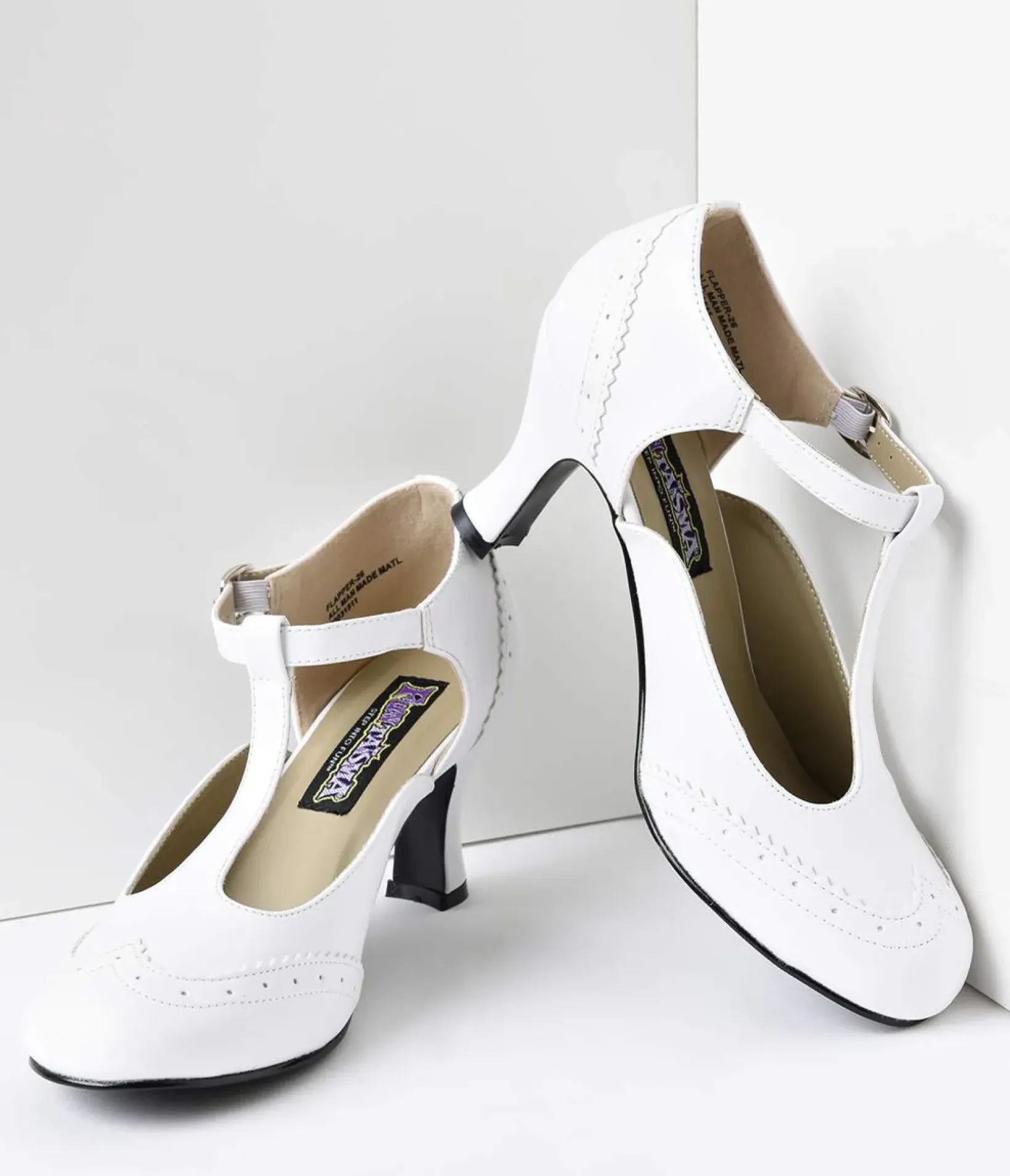 Unique Vintage Special Occasion|Heels>1920s White T-Strap Mary Jane Kitten Heels