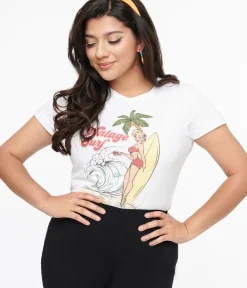 Unique Vintage Graphic Tees|Graphic Tees>1950s White Vintage Surf Girl Fitted Graphic Tee