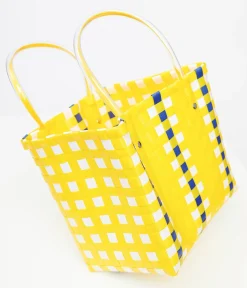 Unique Vintage Summer Vacation>1970s Yellow & Blue Woven Basket Bag