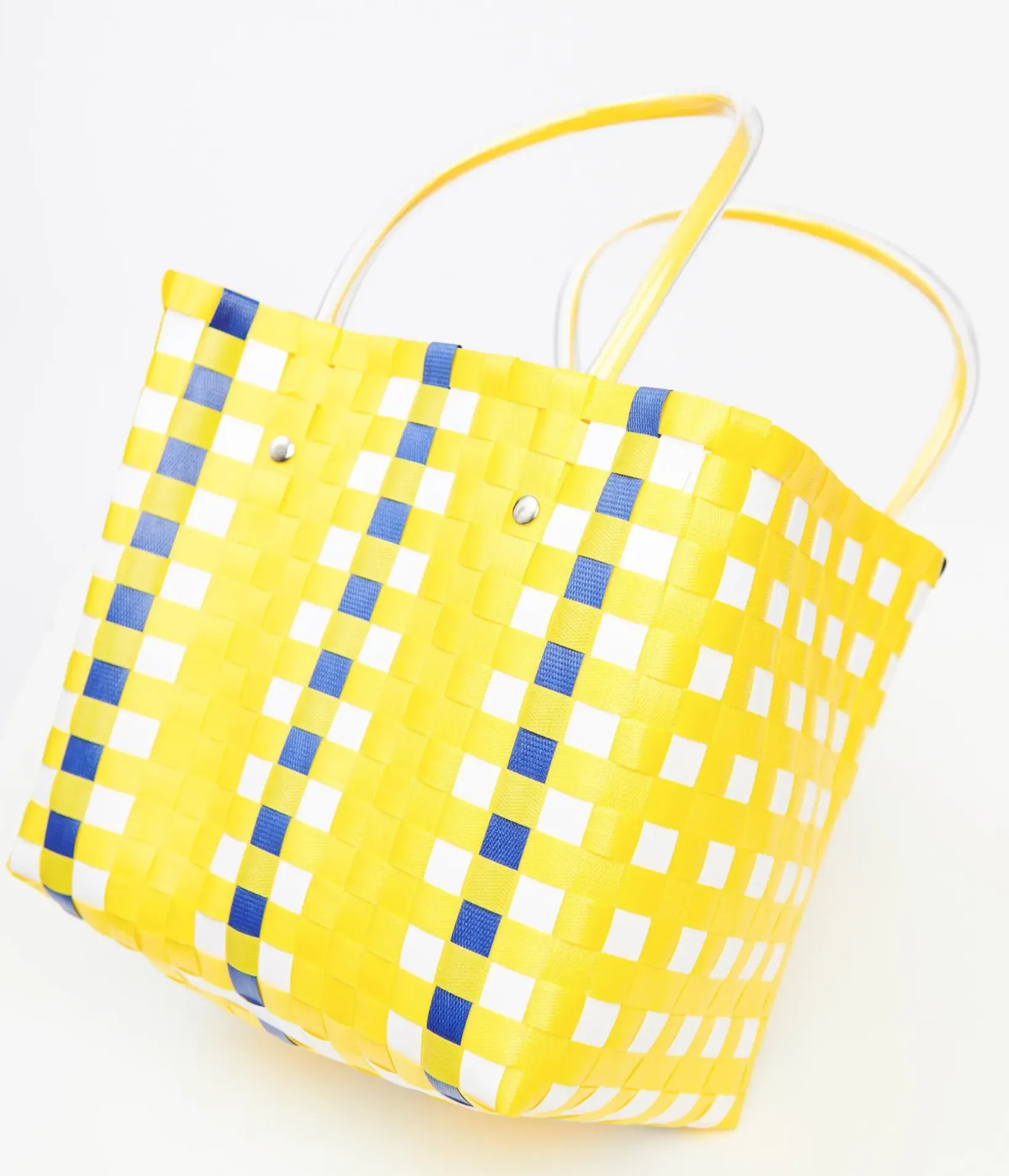 Unique Vintage Summer Vacation>1970s Yellow & Blue Woven Basket Bag