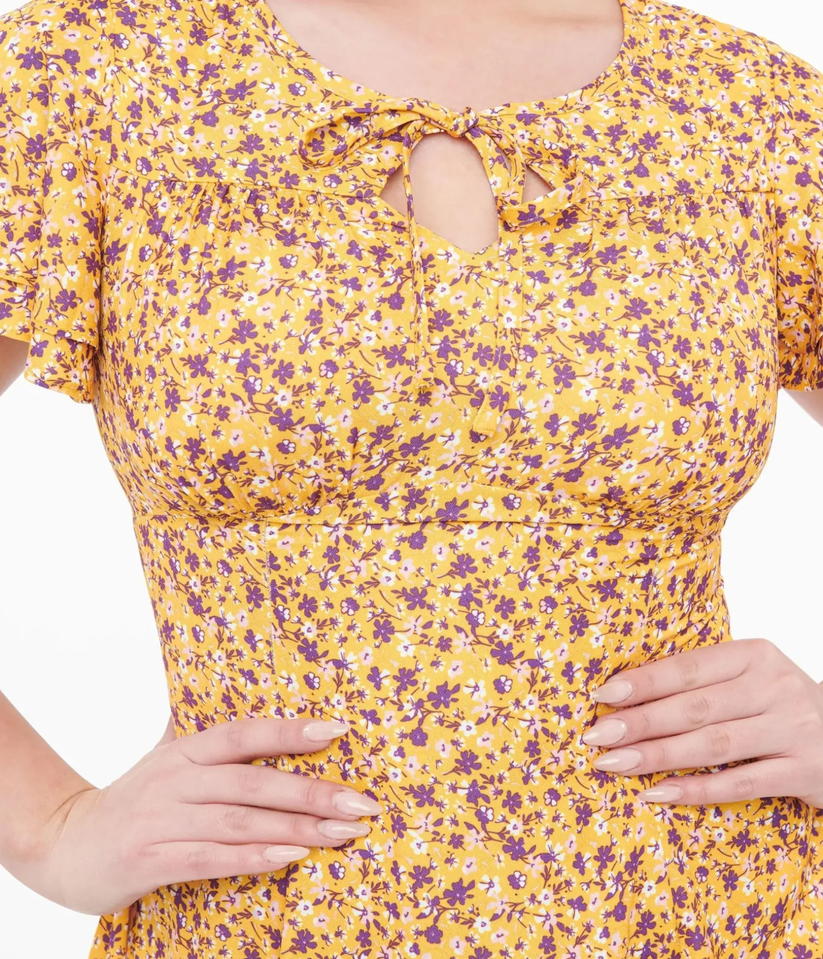 Unique Vintage Swing|Everyday Dresses>1950s Yellow & Purple Floral Capelet Swing Dress