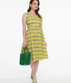 Unique Vintage Fit & Flare|Pocket Dresses>1950s Yellow Tulip Fit & Flare Dress