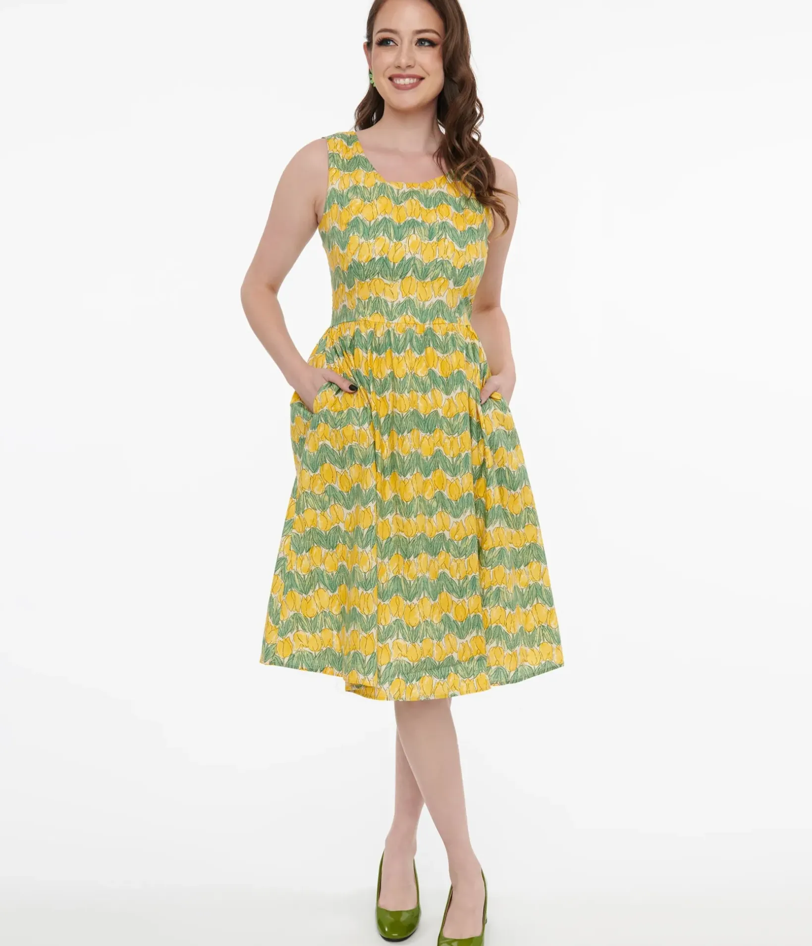 Unique Vintage Fit & Flare|Pocket Dresses>1950s Yellow Tulip Fit & Flare Dress