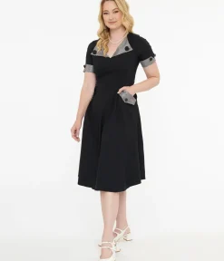 Unique Vintage Swing|Pocket Dresses>Tatyana 1950s Black & Plaid Trixie Swing Dress