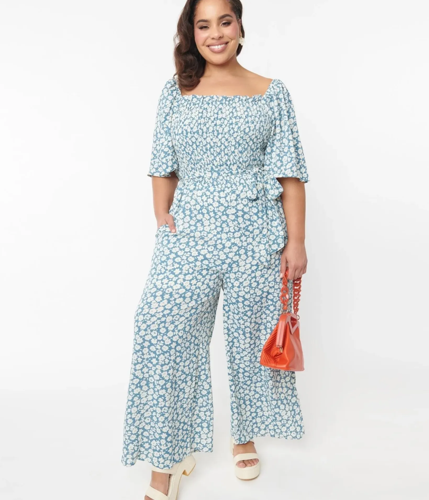 Unique Vintage Rompers & Jumpsuits|Rompers & Jumpsuits>Teal Floral Palazzo Jumpsuit