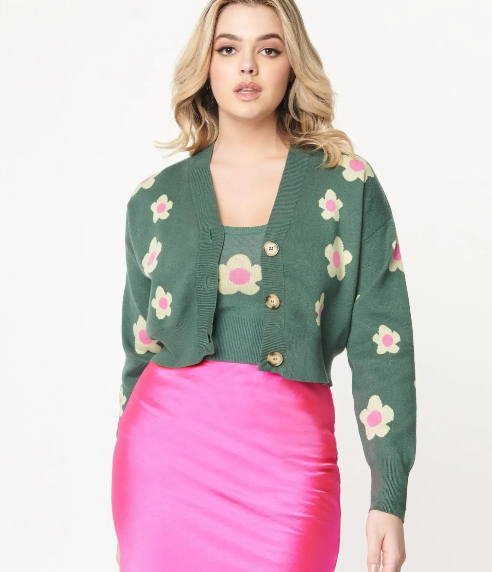 Unique Vintage Sweaters & Cardigans>Teal Green & Mint Daisy Cardigan