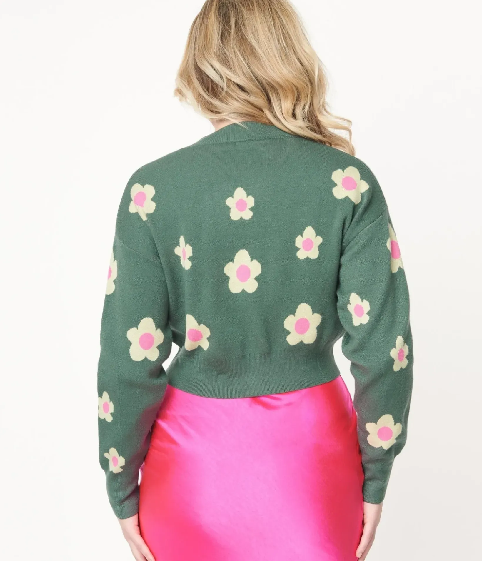 Unique Vintage Sweaters & Cardigans>Teal Green & Mint Daisy Cardigan