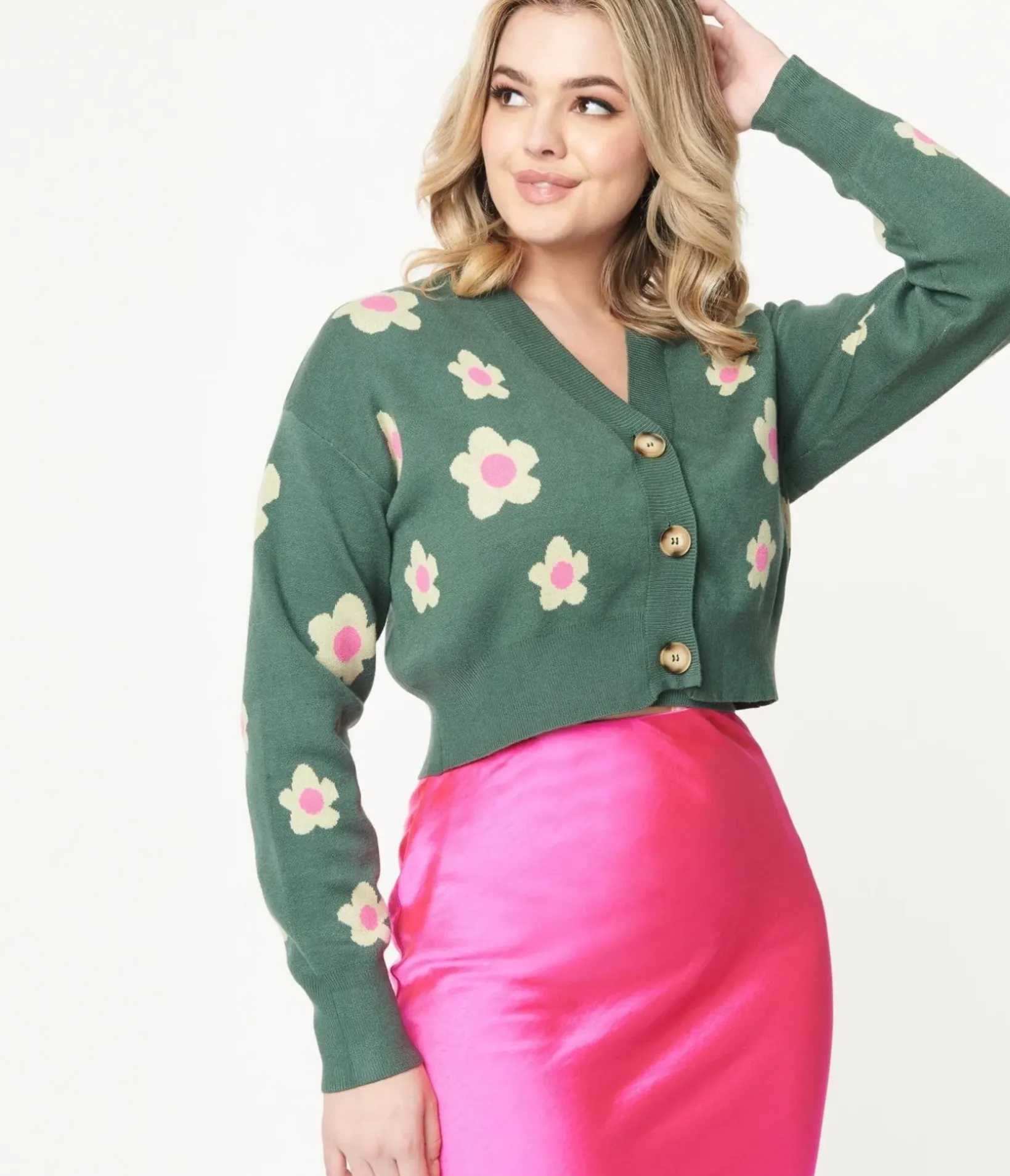 Unique Vintage Sweaters & Cardigans>Teal Green & Mint Daisy Cardigan