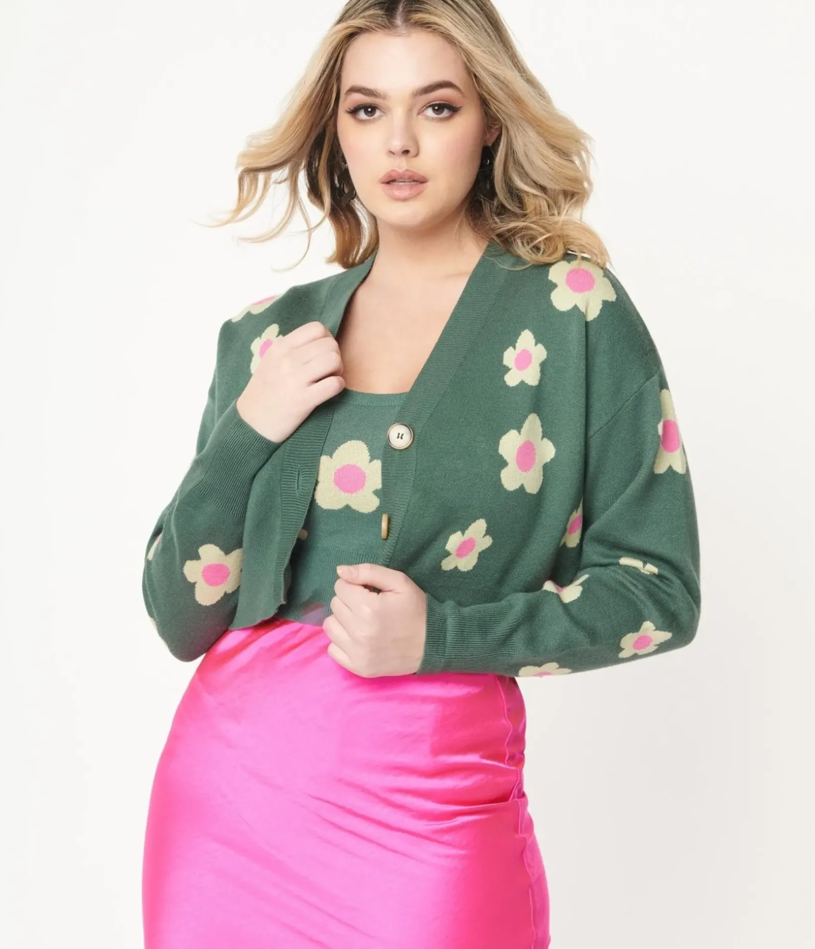 Unique Vintage Sweaters & Cardigans>Teal Green & Mint Daisy Cardigan