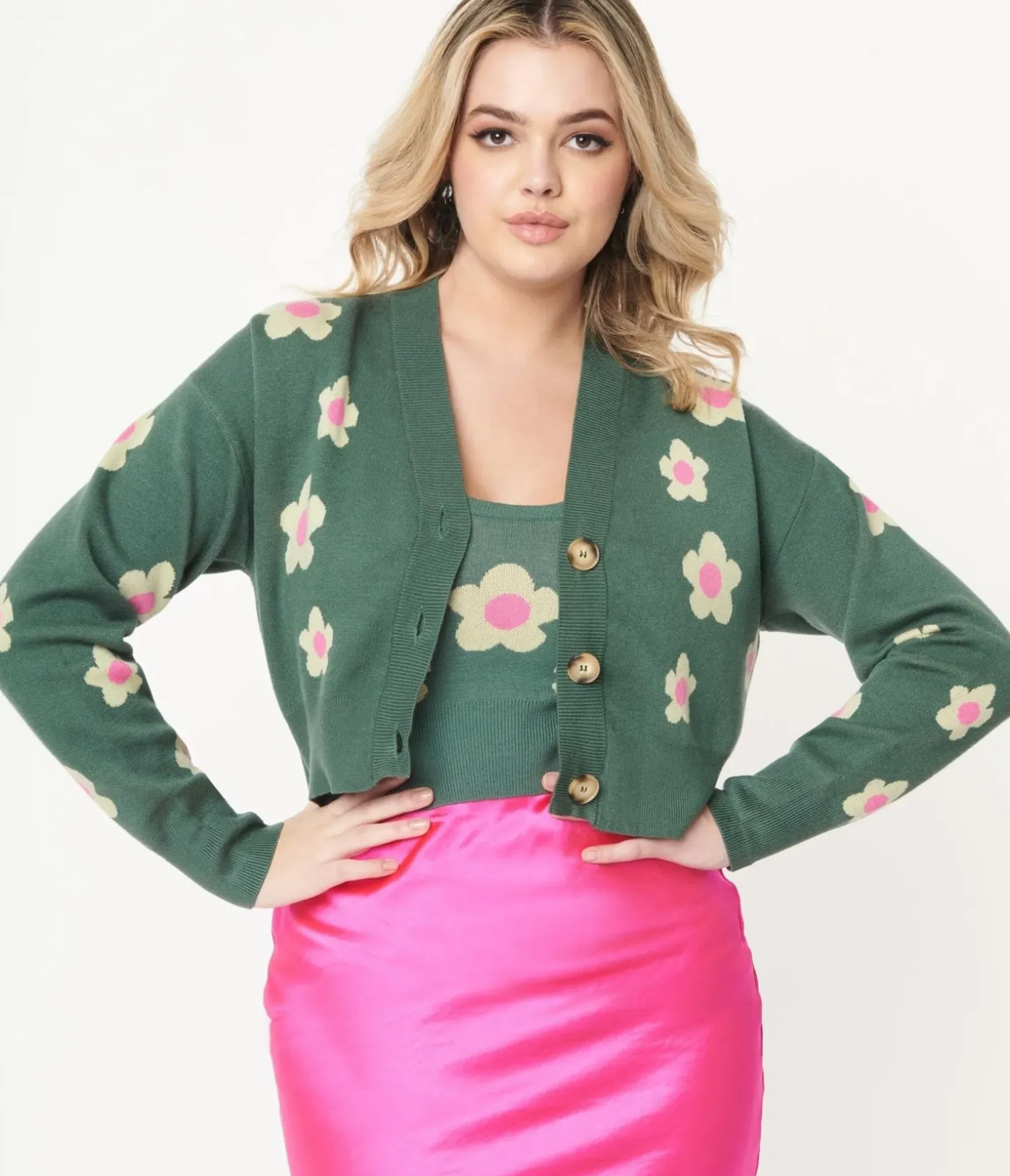 Unique Vintage Sweaters & Cardigans>Teal Green & Mint Daisy Cardigan