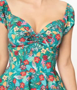 Unique Vintage Swing|Pocket Dresses>Teal & Multicolor Tropical Floral Print Preston Swing Dress