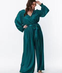 Unique Vintage Rompers & Jumpsuits|Rompers & Jumpsuits>Teal Satin Textured Jumpsuit