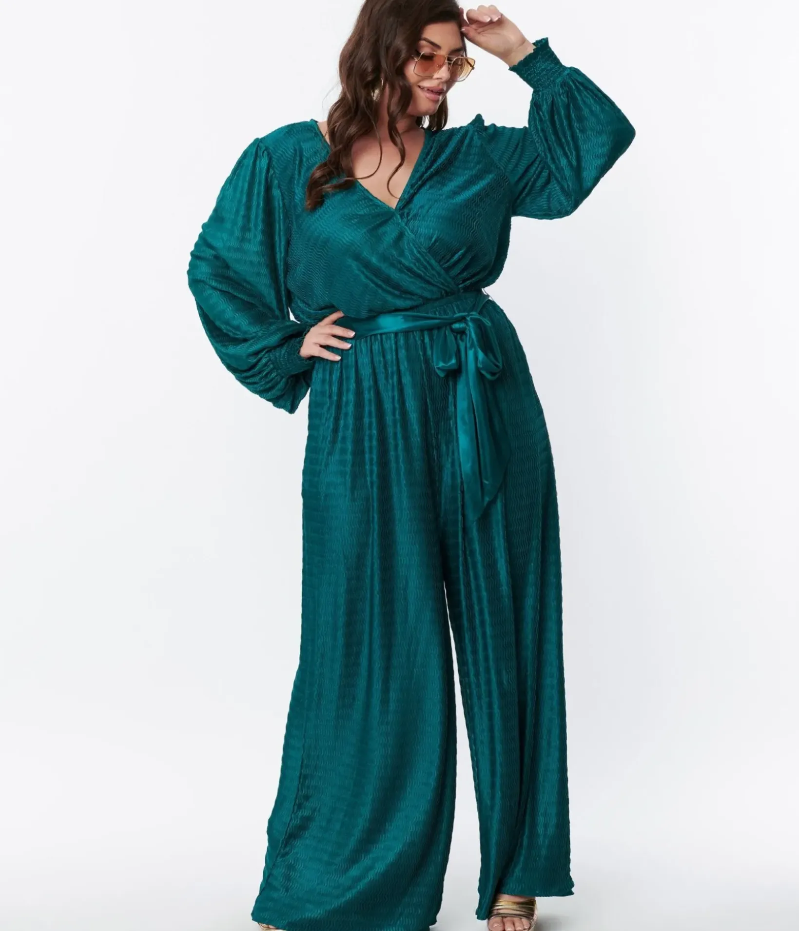 Unique Vintage Rompers & Jumpsuits|Rompers & Jumpsuits>Teal Satin Textured Jumpsuit