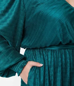 Unique Vintage Rompers & Jumpsuits|Rompers & Jumpsuits>Teal Satin Textured Jumpsuit