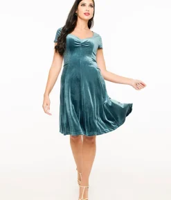 Unique Vintage Everyday Dresses|Wedding Guest>Teal Velvet Mini Dress