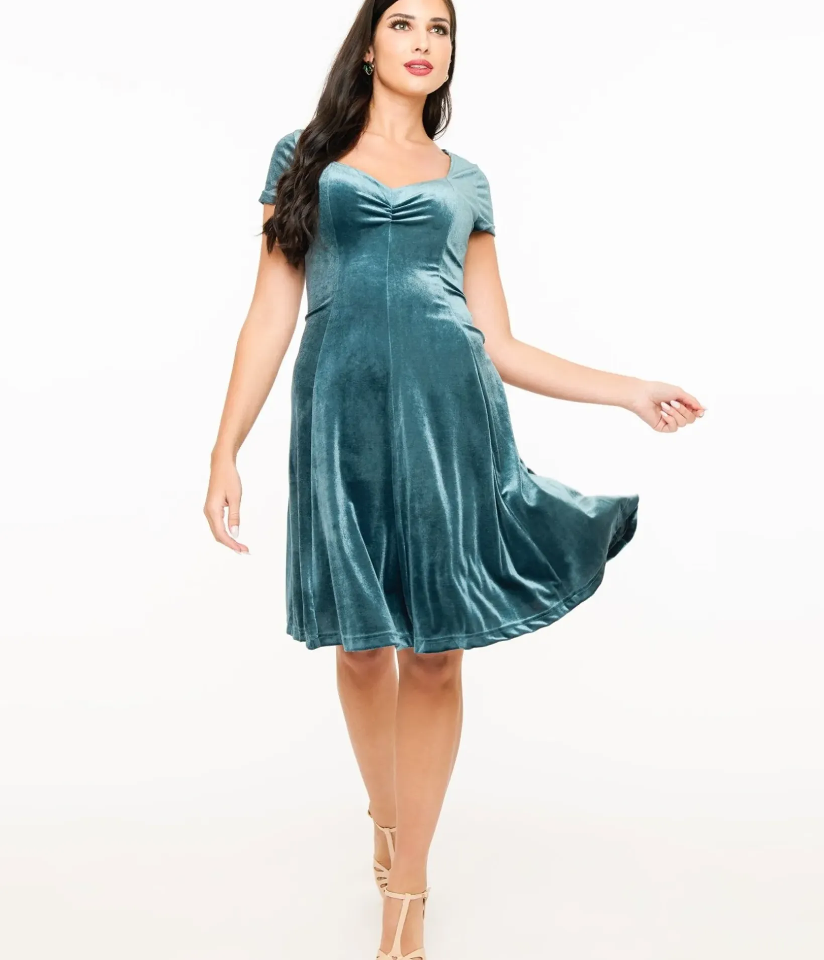 Unique Vintage Everyday Dresses|Wedding Guest>Teal Velvet Mini Dress