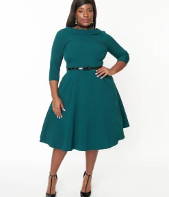 Unique Vintage Swing|Fit & Flare>The Pretty Dress Company Forest Green Grace Fit & Flare Dress