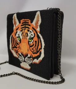 Unique Vintage Novelty Bags>Tiger Beaded Leatherette Crossbody Bag