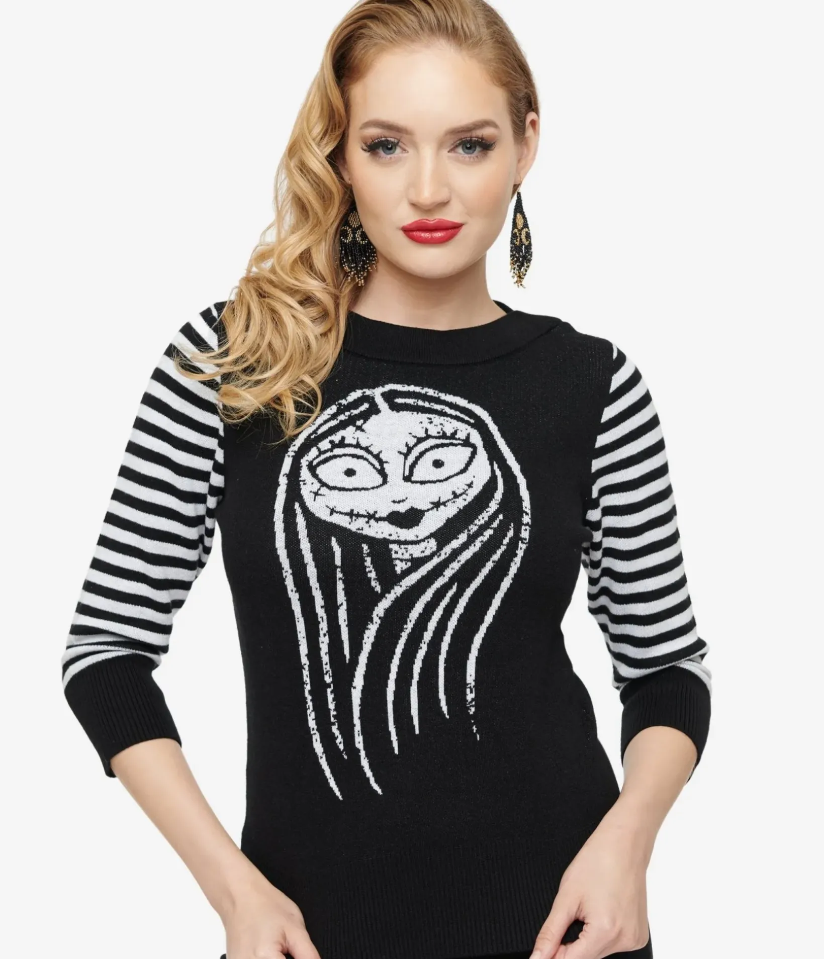 Unique Vintage Sweaters & Cardigans|All Things Black>Tim Burton's The Nightmare Before Christmas by Black & White Stripe Sally Minou Sweater