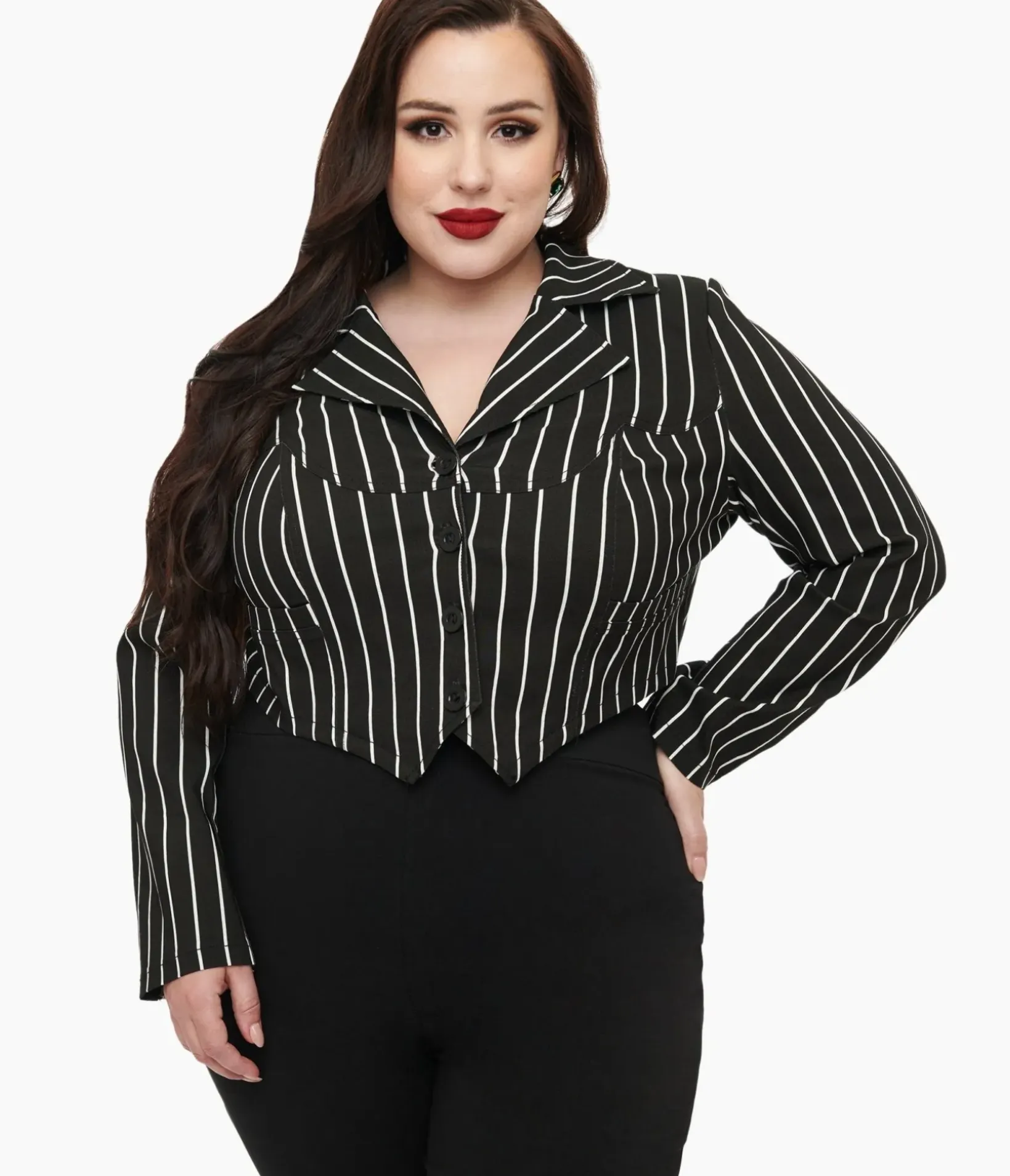 Unique Vintage Coats & Jackets|All Things Black>Tim Burton’s The Nightmare Before Christmas by Plus Size Black & White Stripe Jack Skellington Western Jacket