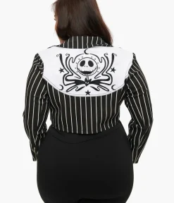 Unique Vintage Coats & Jackets|All Things Black>Tim Burton’s The Nightmare Before Christmas by Plus Size Black & White Stripe Jack Skellington Western Jacket