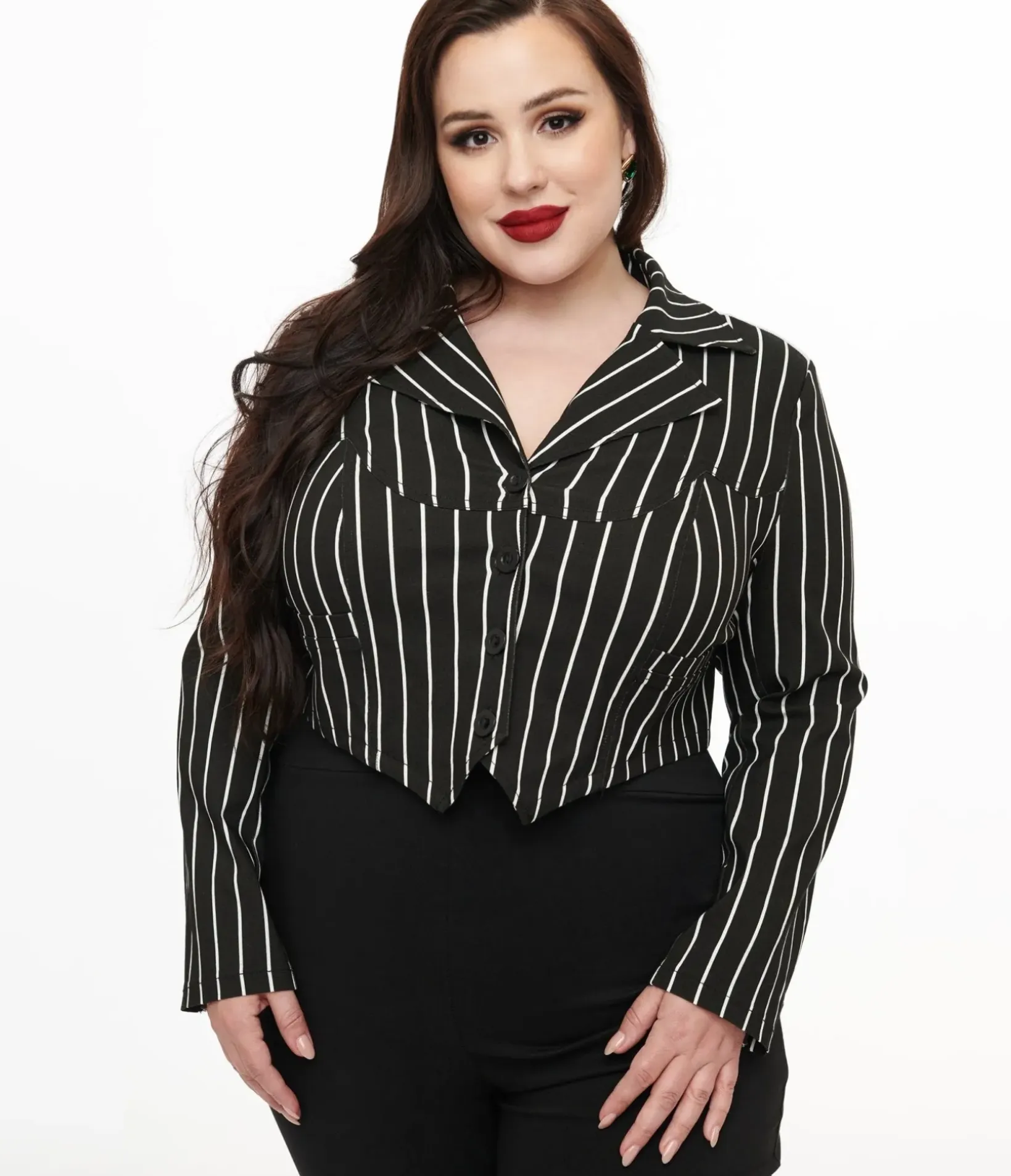 Unique Vintage Coats & Jackets|All Things Black>Tim Burton’s The Nightmare Before Christmas by Plus Size Black & White Stripe Jack Skellington Western Jacket