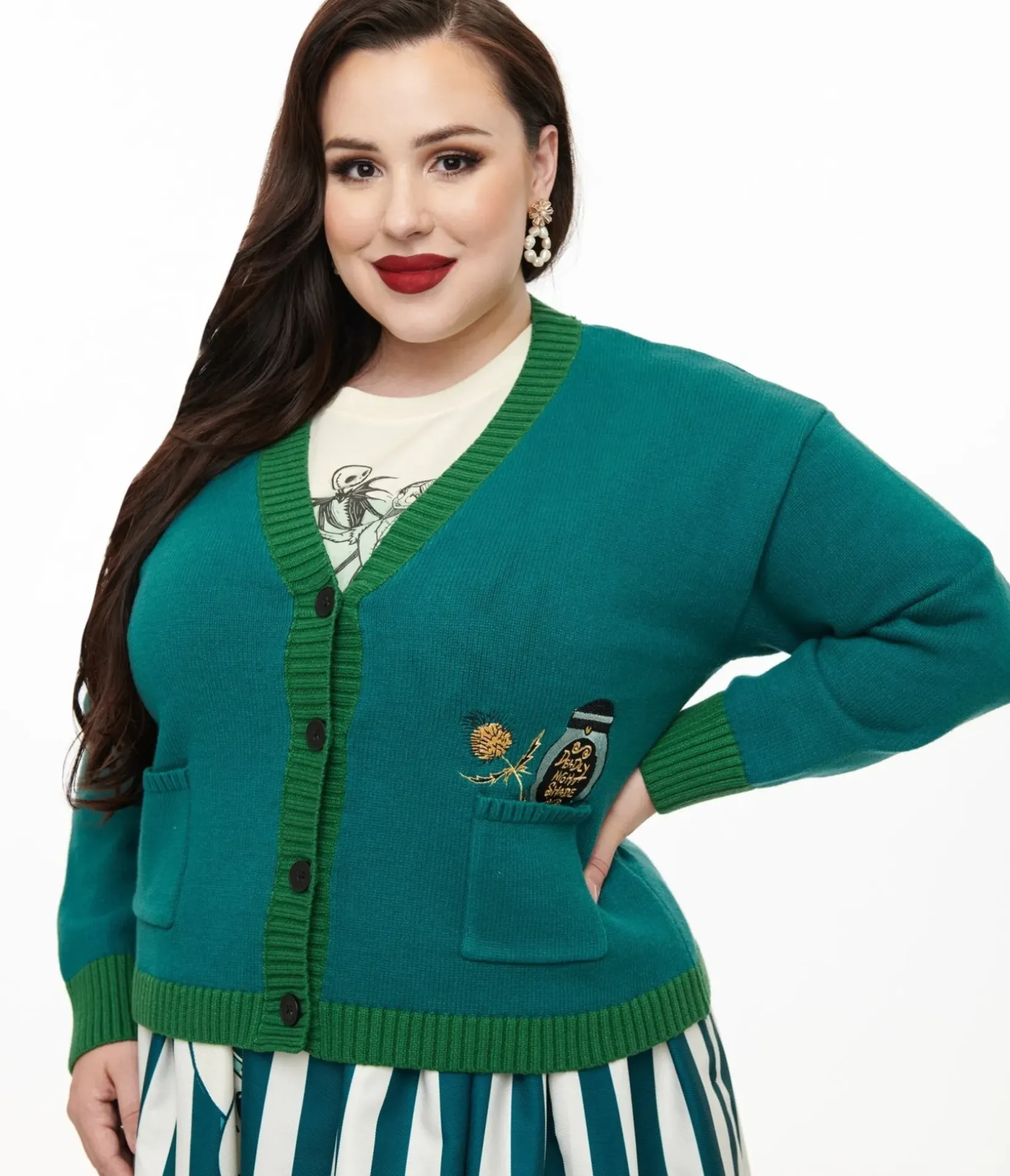Unique Vintage Sweaters & Cardigans>Tim Burton's The Nightmare Before Christmas by Plus Size Teal Deadly Night Shade Cardigan