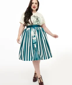 Unique Vintage Skirts>Tim Burton's The Nightmare Before Christmas by Plus Size Teal & White Striped Jack Skellington Gellar Swing Skirt