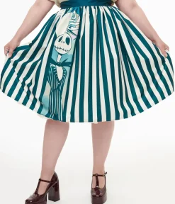Unique Vintage Skirts>Tim Burton's The Nightmare Before Christmas by Plus Size Teal & White Striped Jack Skellington Gellar Swing Skirt