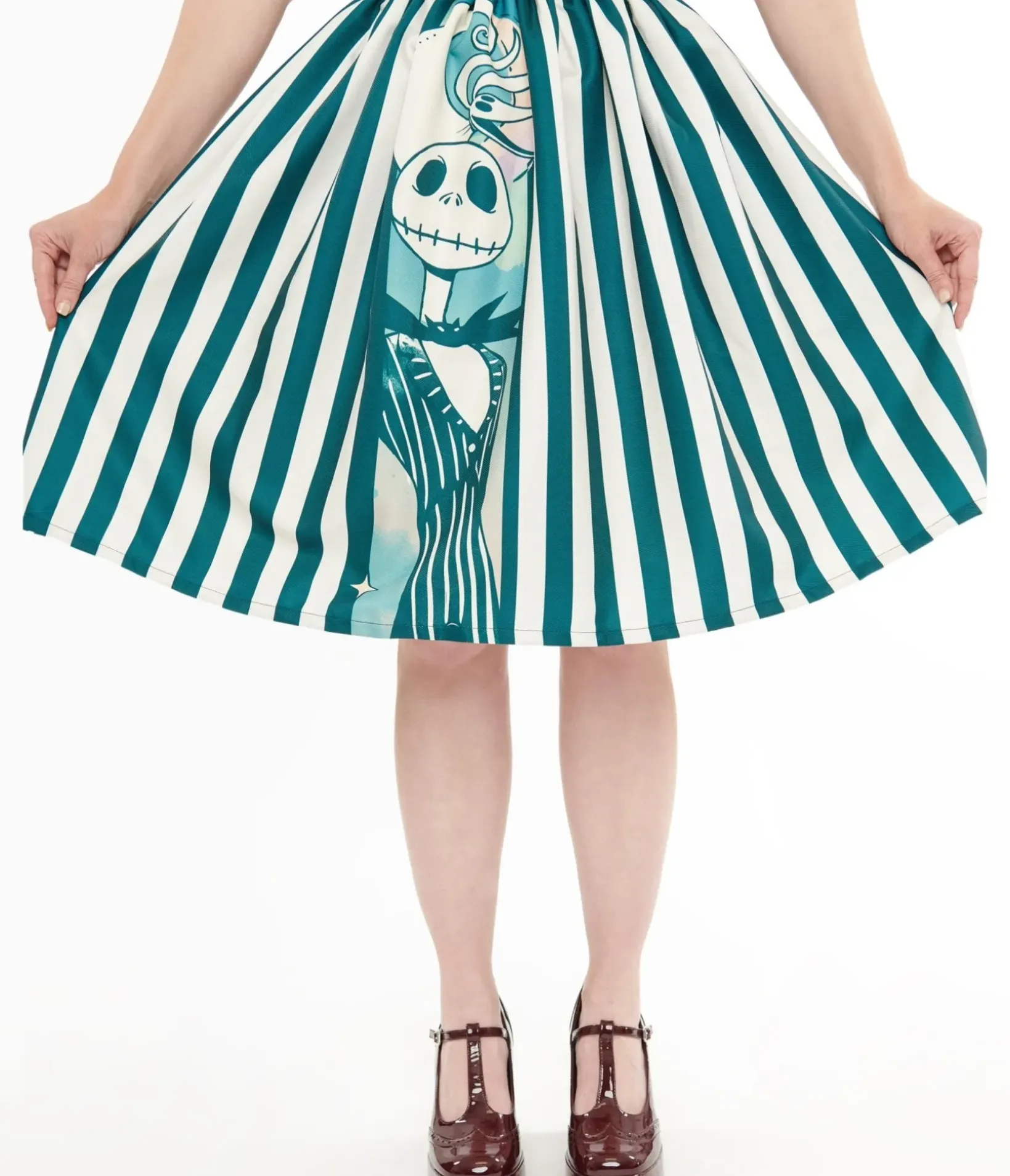 Unique Vintage Skirts>Tim Burton's The Nightmare Before Christmas by Teal & White Striped Jack Skellington Gellar Swing Skirt