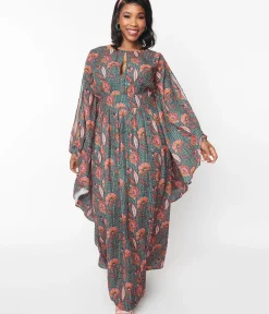 Unique Vintage Maxi|Caftans>Bali Floral Print Flutter Sleeve Caftan