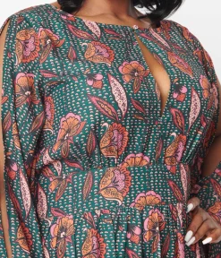 Unique Vintage Maxi|Caftans>Bali Floral Print Flutter Sleeve Caftan