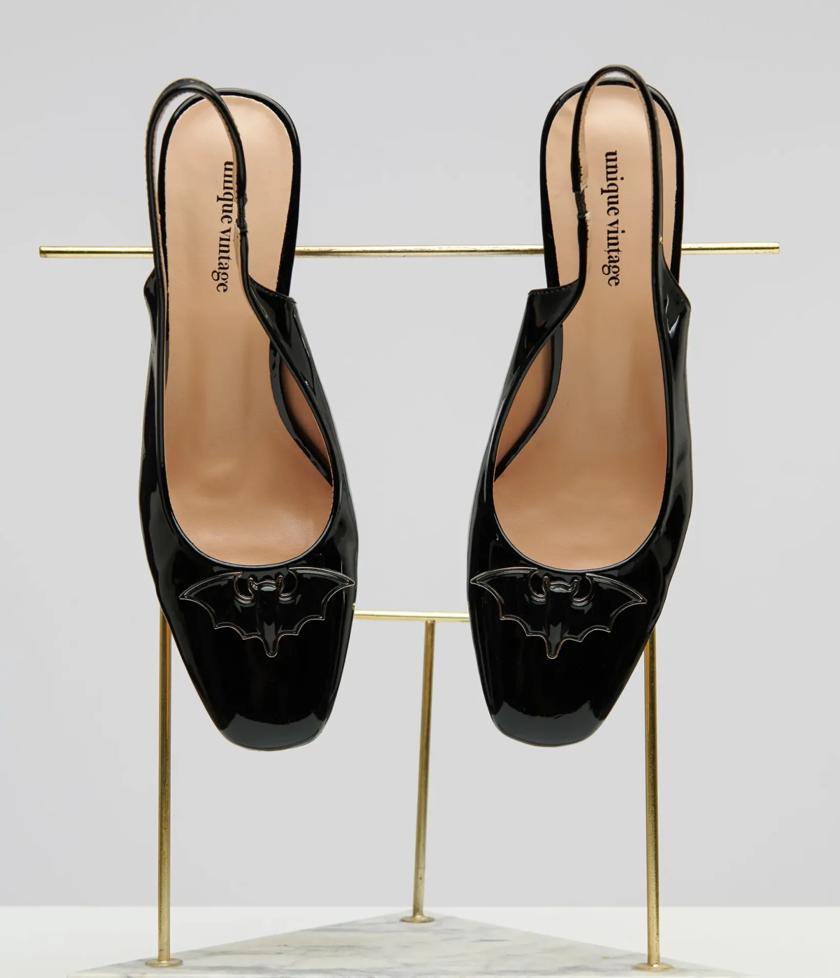 Unique Vintage All Things Black|Halloween>Black Bat Leatherette Slingback Heels