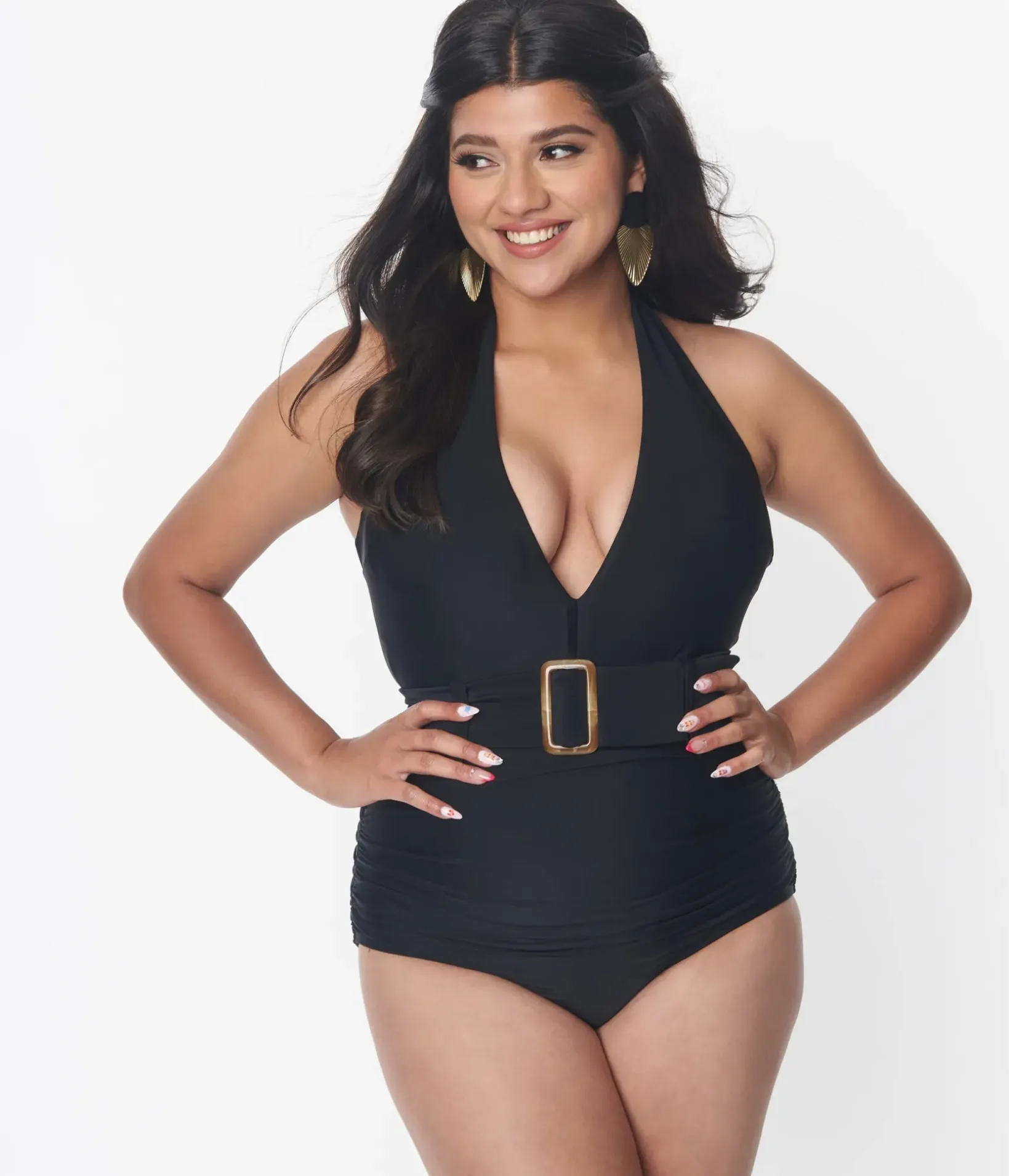 Unique Vintage One Piece Swim|All Things Black>Black Belted Halter Swimsuit